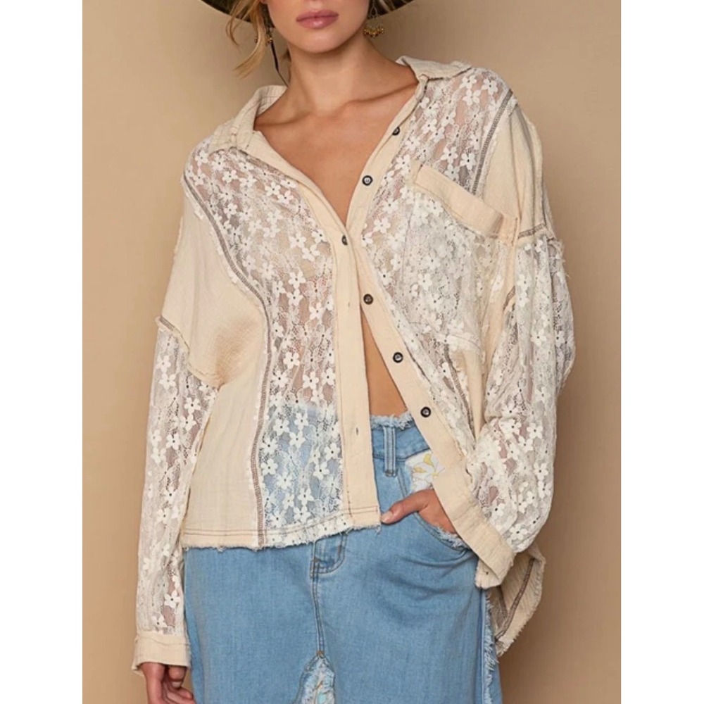 POL Womens Tan Lace Mixed Media Button Down Shirt Oversized Raw Hem M - Picture 1 of 10